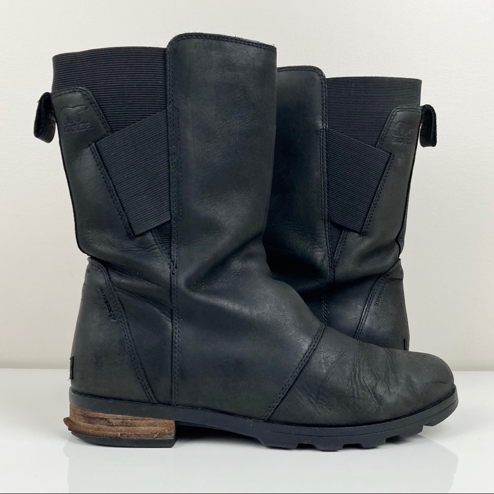 Sorel Women’s Emelie Mid Black Leather Waterproof Boots Pull On Size 9